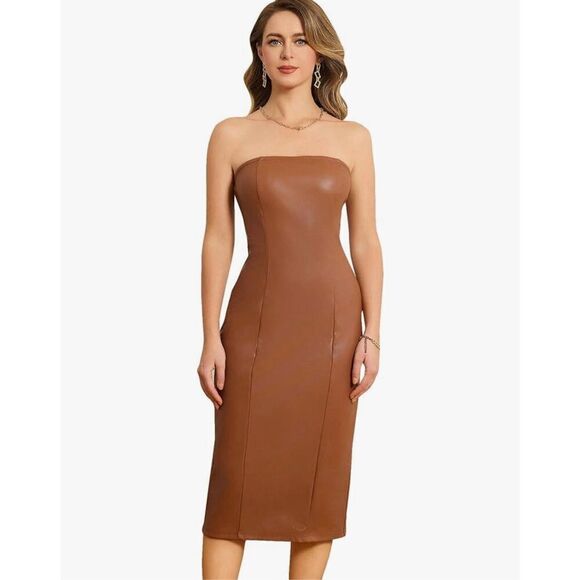 NEW Vegan Leather Strapless Tube Bodycon Dress Midi Dress M - Picture 1 of 6